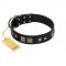"Foregone Riches" FDT Artisan Black Leather Golden Retriever Collar with Old Silver-like Square Studs and Pyramids