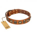 "Golden Epoch" FDT Artisan Tan Leather Golden Retriever Collar with Old Bronze-plated Medallions and Conchos
