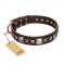 "Perfect Impression" FDT Artisan Brown Leather Golden Retriever Collar with Silvery Square Studs