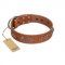 "Brave Spirit" Handmade FDT Artisan Designer Tan Leather Golden Retriever Collar with Shields
