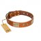 "Ancient Treasures" FDT Artisan Tan Leather Golden Retriever Collar with Antiqued Plates and Studs