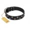 "Power-Flower" FDT Artisan Black Leather Golden Retriever Collar with Two Rows of Silver-like Studs with Engraved Flowers