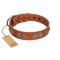 "Woofy Majesty" FDT Artisan Tan Leather Golden Retriever Collar with Round Silver-like Plates