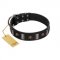 "Pirates' Symbol" Fashionable FDT Artisan Black Leather Golden Retriever Collar with Silver-Like Plates and Gold-Like Skulls
