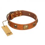 "Knights Templar" FDT Artisan Tan Leather Golden Retriever Collar with Skulls and Crossbones Combined with Squares
