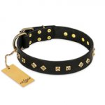 "Rhomb Style" FDT Artisan Decorated Leather Golden Retriever Collar with Old Bronze-Plated Studs 1 1/2 inch (40 mm) Wide