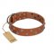 "Waltz of the Flowers" Handmade FDT Artisan Tan Leather Golden Retriever Collar with Chrome-plated Engraved Studs