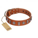 "Luxurious Necklace" FDT Artisan Tan Leather Golden Retriever Collar with Silver-Like Adornments