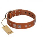 "Egyptian Gifts" Handmade FDT Artisan Tan Leather Golden Retriever Collar with Chrome-plated Pyramids