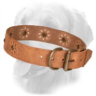 Flower Design Leather Golden Retriever Collar with Studs and Punched Holes