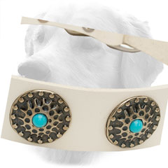 Decorative Circles on White Leather Golden Retriever Collar 