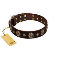 "Breaking the Horizon" FDT Artisan Brown Leather Golden Retriever Collar with Engraved Studs and Medallions