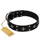 "Snappy Dresser" FDT Artisan Black Leather Golden Retriever Collar Adorned with Stars and Tiny Squares