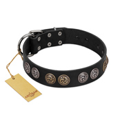 "Mister Exclusive" Designer FDT Artisan Black Leather Golden Retriever Collar with Medallions