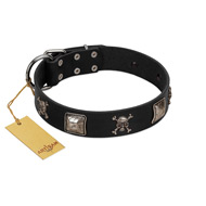 "Sea Rover" Embellished FDT Artisan Black Leather Golden Retriever Collar with Chrome Plated Crossbones and Plates