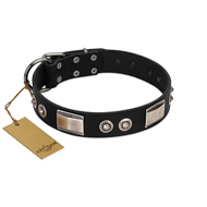 "Grand Wear" FDT Artisan Black Leather Golden Retriever Collar with Shining Plates and Spiked Studs