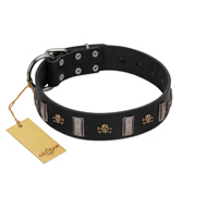 "Pirates' Symbol" Fashionable FDT Artisan Black Leather Golden Retriever Collar with Silver-Like Plates and Gold-Like Skulls