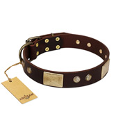 "Middle Age" FDT Artisan Brown Leather Golden Retriever Collar with Old Bronze-Plated Engraved Flowers and Large Plates
