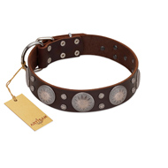 "Imperial Legate" FDT Artisan Brown Leather Golden Retriever Collar with Big Round Plates
