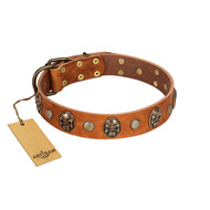 "Call of Feat" FDT Artisan Tan Leather Golden Retriever Collar with Old Bronze-like Studs and Oval Brooches