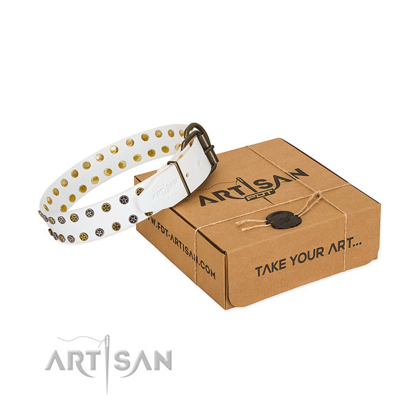 Designer full grain genuine leather dog collar with reliable decorations