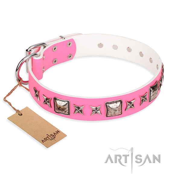 Leather dog collar made of reliable material with rust-proof buckle