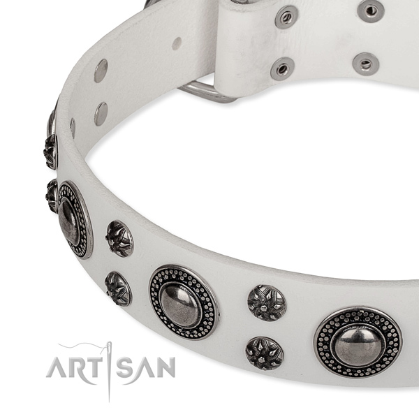 Comfortable wearing adorned dog collar of fine quality full grain leather