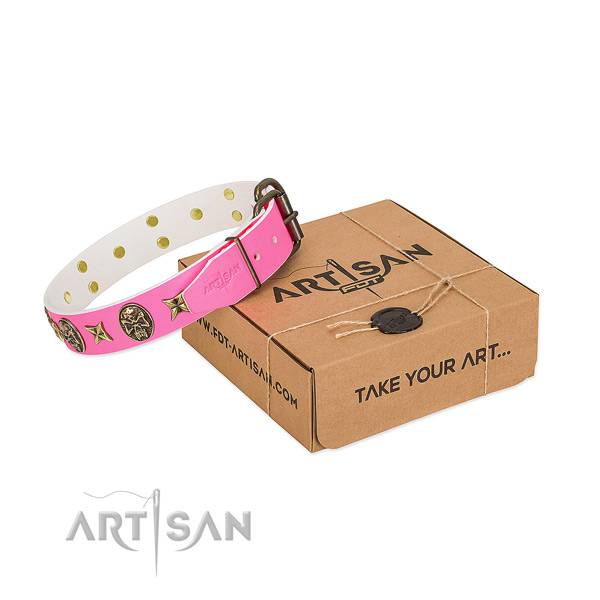 Corrosion proof fittings on full grain leather dog collar for easy wearing