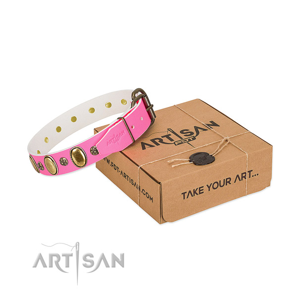 Gentle to touch full grain leather dog collar with rust resistant fittings