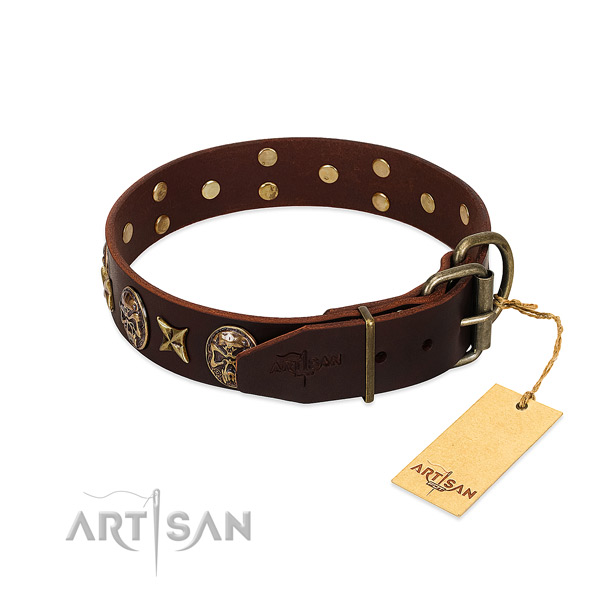 Genuine leather dog collar with rust resistant fittings and embellishments