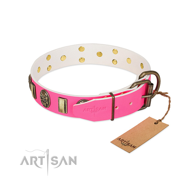 Corrosion proof hardware on full grain leather dog collar for your canine
