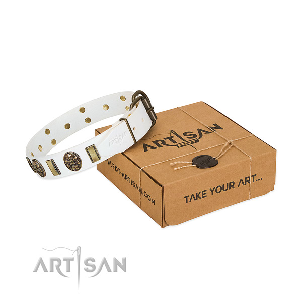 Corrosion resistant traditional buckle on full grain genuine leather dog collar for comfy wearing