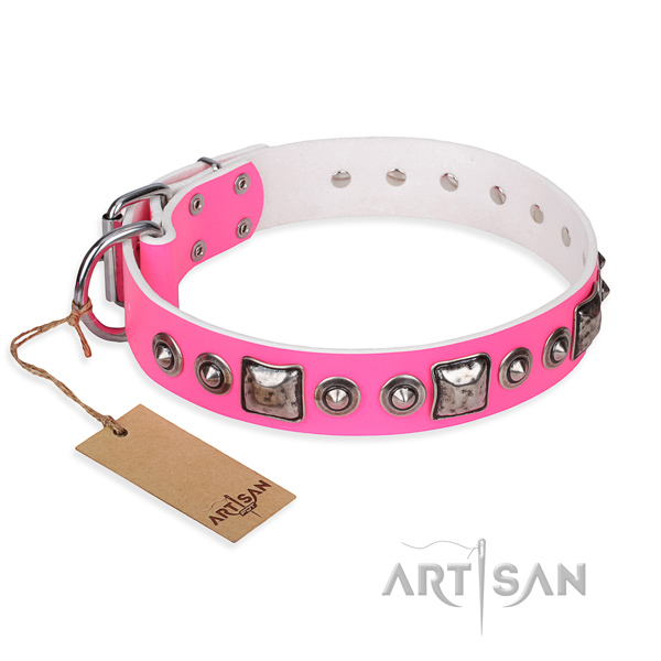 Full grain genuine leather dog collar made of soft to touch material with strong D-ring