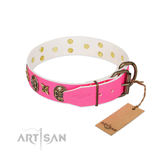 Rust resistant buckle on natural genuine leather collar for fancy walking your pet