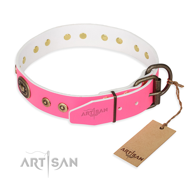 Full grain leather dog collar made of soft to touch material with corrosion resistant decorations