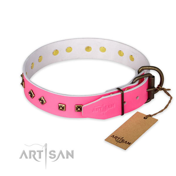Corrosion proof D-ring on full grain genuine leather collar for fancy walking your pet