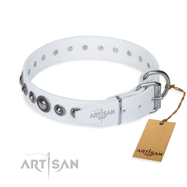Full grain natural leather dog collar made of flexible material with corrosion proof embellishments