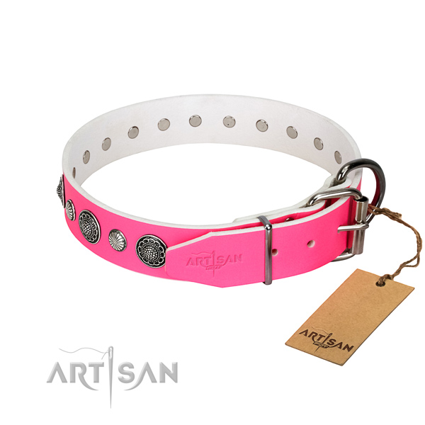 Flexible full grain genuine leather dog collar with corrosion resistant hardware