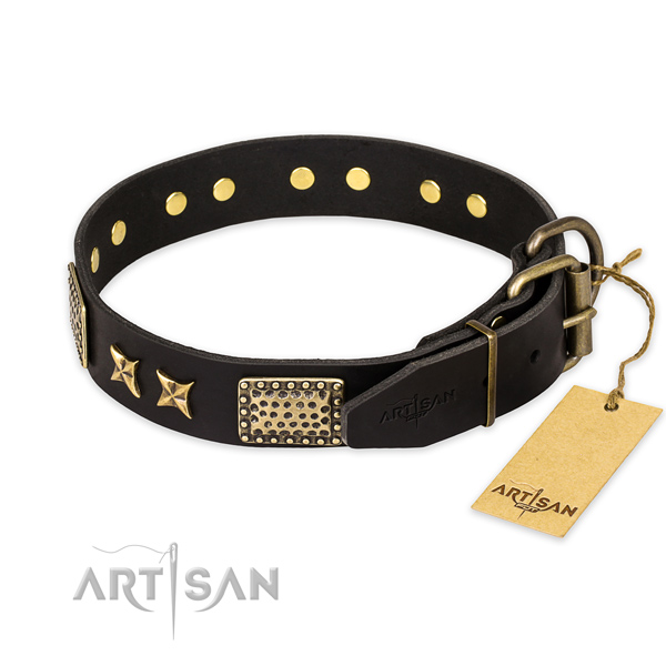 Durable traditional buckle on full grain natural leather collar for your handsome pet