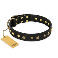 "Rhomb Style" FDT Artisan Decorated Leather Golden Retriever Collar with Old Bronze-Plated Studs 1 1/2 inch (40 mm) Wide