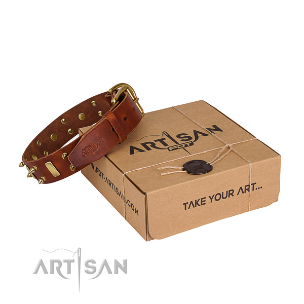 Comfy wearing dog collar of finest quality genuine leather with embellishments