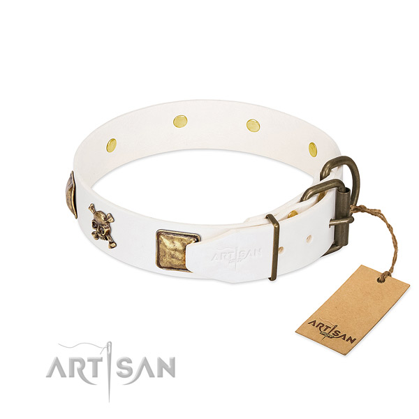 Daily walking natural leather dog collar with fashionable adornments
