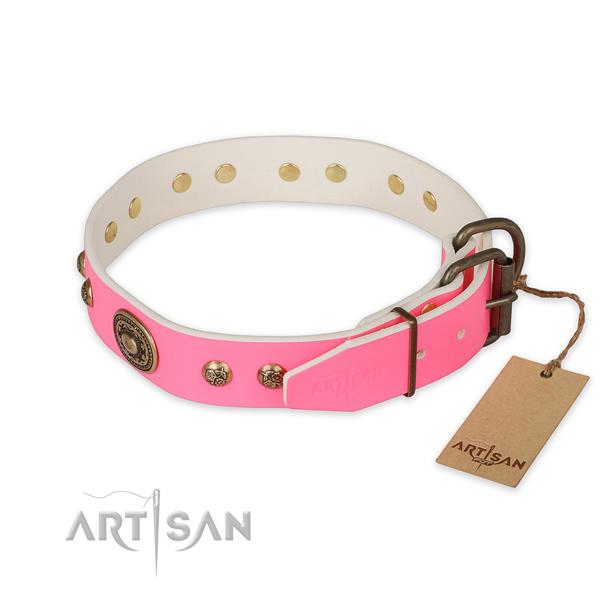 Reliable traditional buckle on full grain genuine leather collar for stylish walking your dog