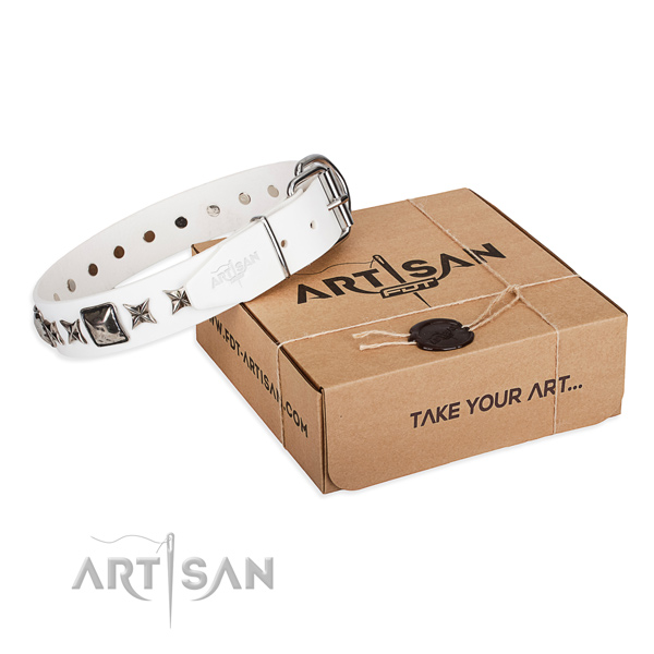 Easy wearing full grain genuine leather dog collar with decorations