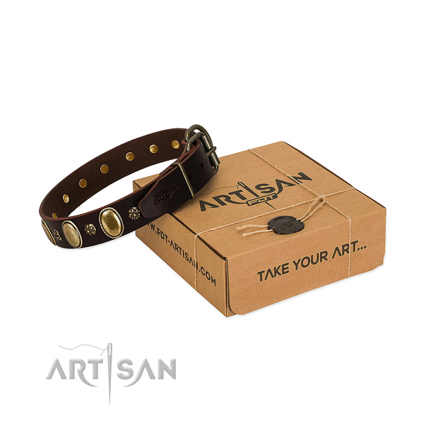 Comfortable wearing best quality genuine leather dog collar with embellishments