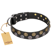 "Romantic Breeze" FDT Artisan Black Leather Golden Retriever Collar with Sparkling Circles