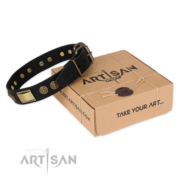 Corrosion proof fittings on full grain natural leather dog collar for easy wearing