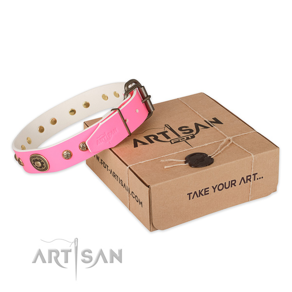 Corrosion resistant D-ring on full grain leather dog collar for easy wearing