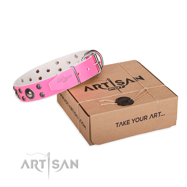 Easy wearing dog collar of quality genuine leather with decorations