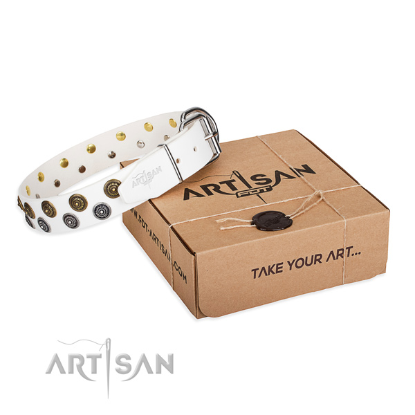 Comfy wearing dog collar of high quality genuine leather with adornments